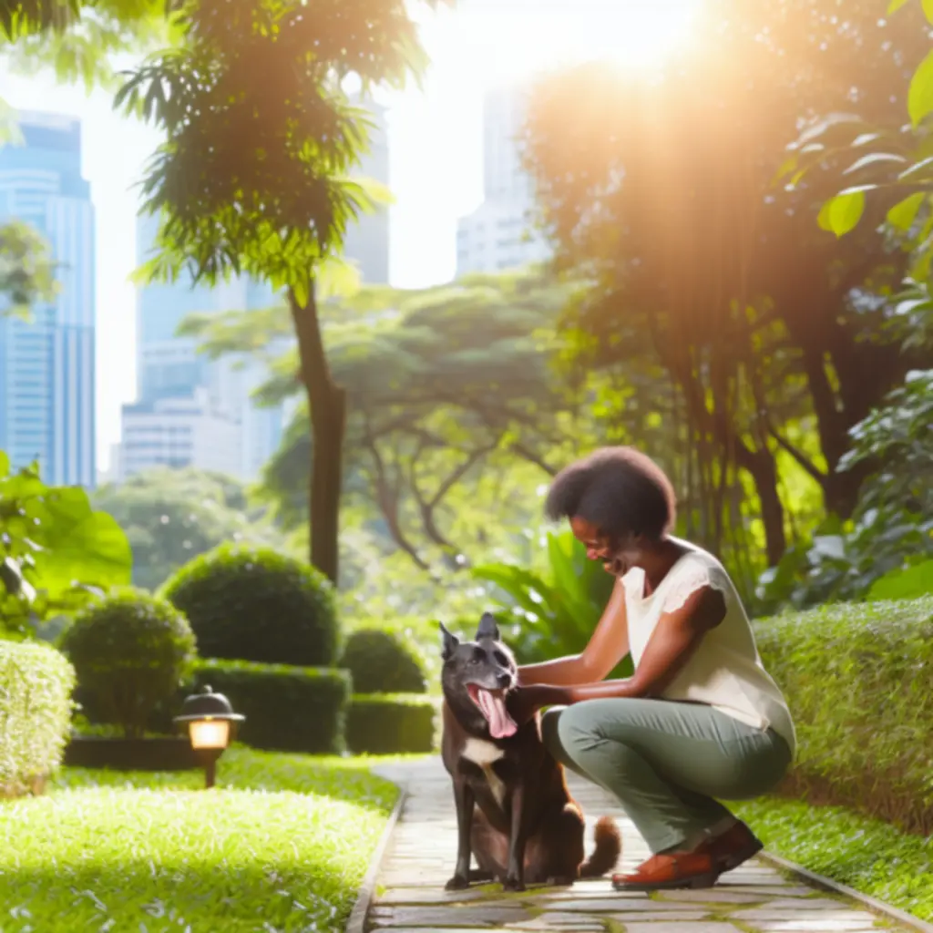 Opiekunka spacerująca z psem na zielonym, słonecznym terenie