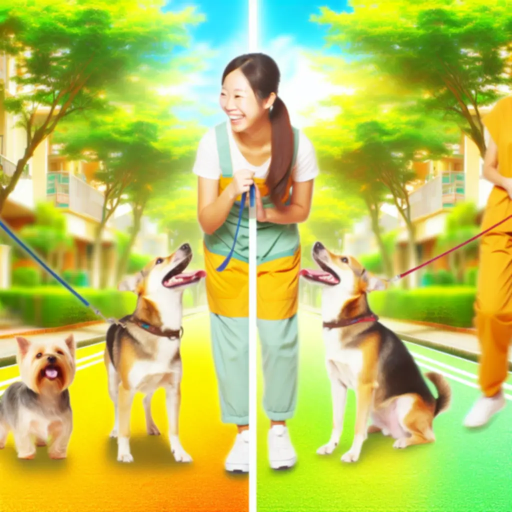 Psy spacerujące z nianiami oraz przytulane w przyjaznym, zielonym otoczeniu