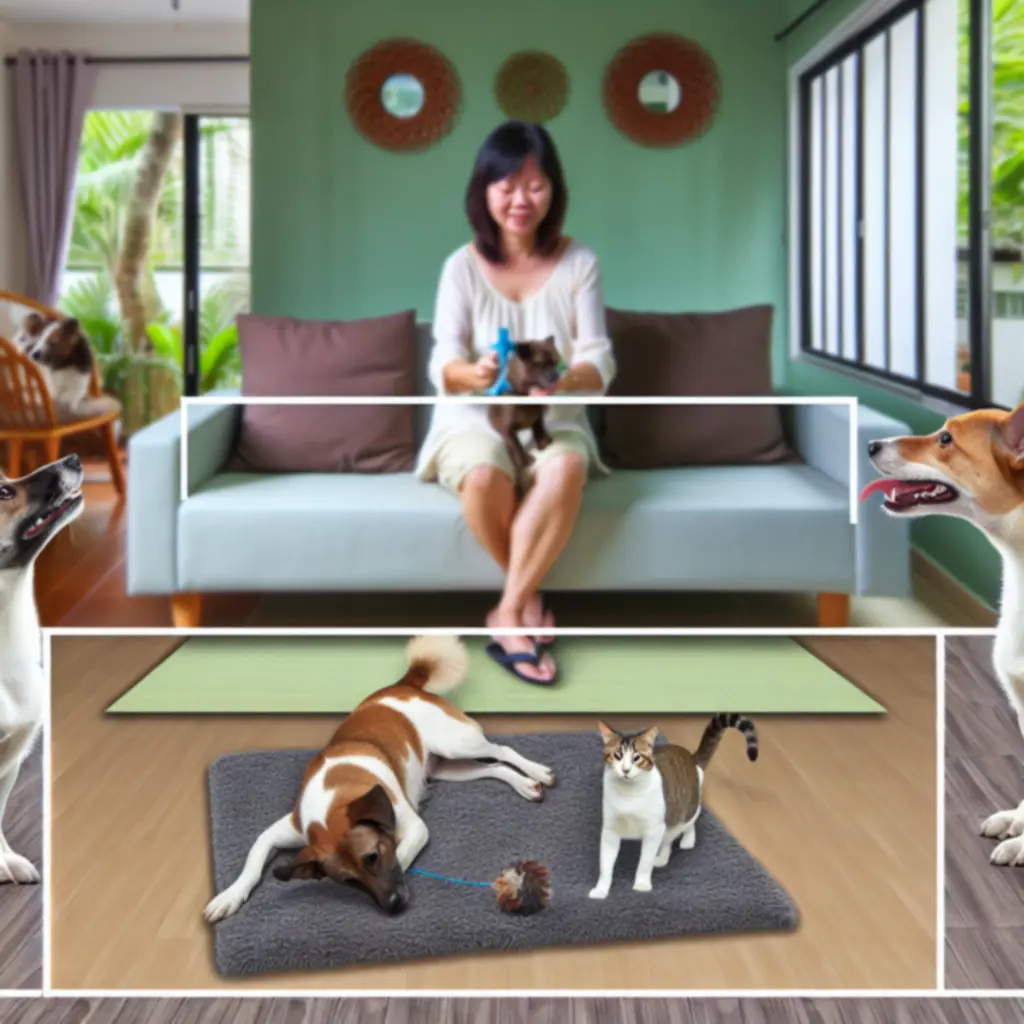 Kolaz radosnych psów i kotów bawiących się i odpoczywających z opiekunami