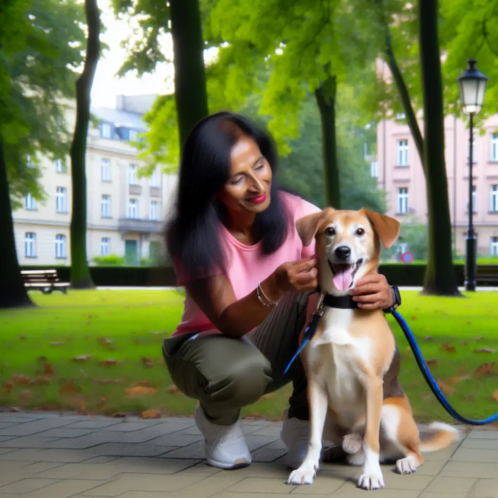 Uśmiechnięty opiekun trzymający szczęśliwego psa podczas spaceru