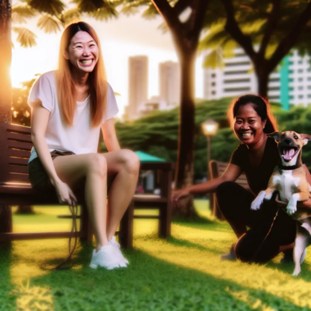 Uśmiechnięta właścicielka psa w parku razem ze swoim psem i troskliwą nianią z Petnoryxa