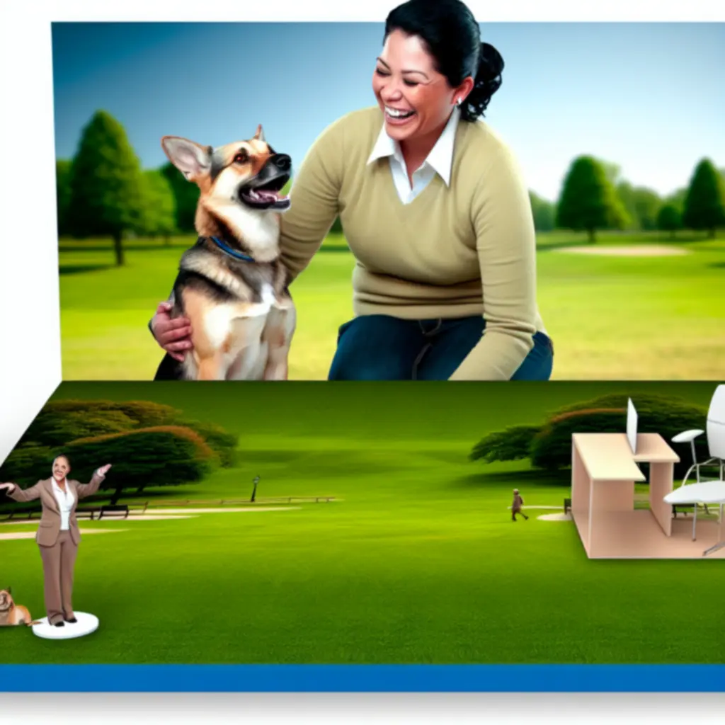 Szczęśliwy pies podczas spaceru z opiekunem w parku, symbolizujący bezpieczną opiekę