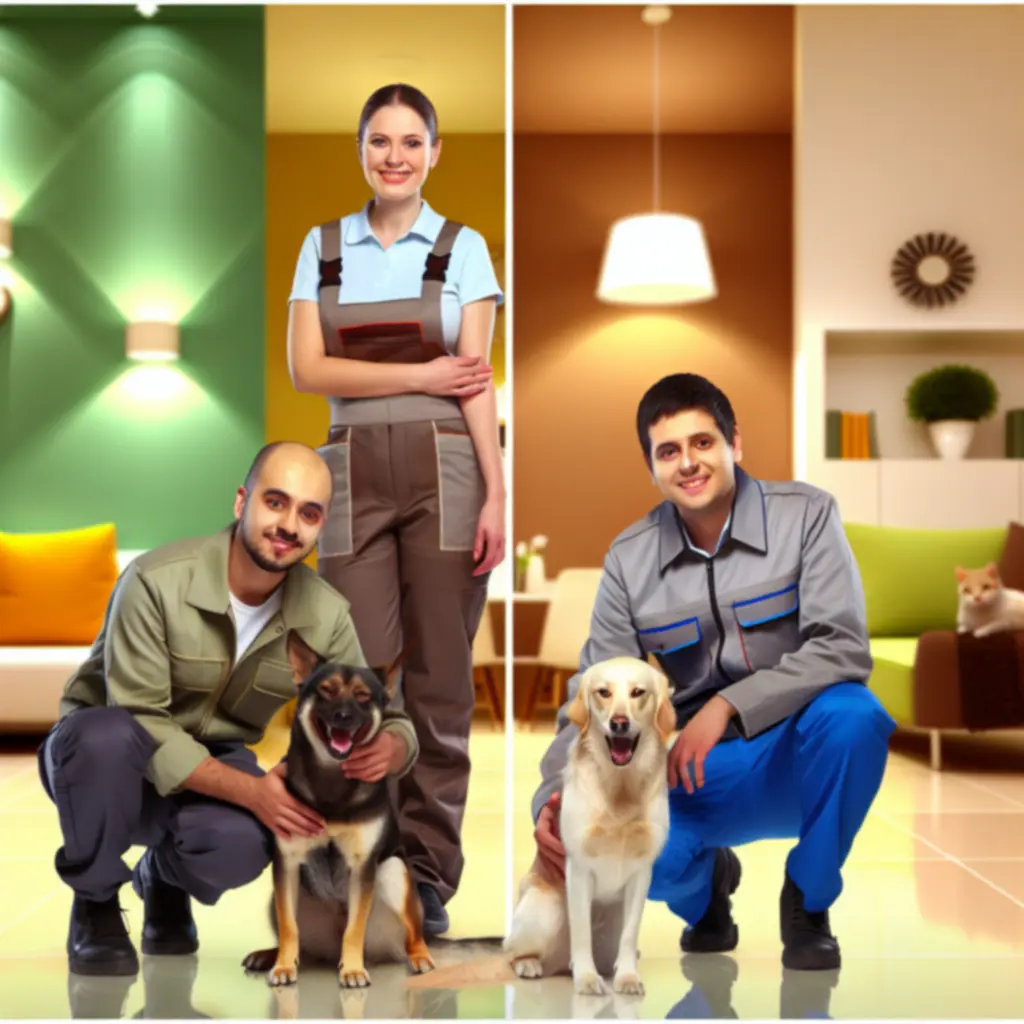 Grupa uśmiechniętych opiekunek zwierząt Petnoryxa z psami i kotami w przyjaznym otoczeniu.