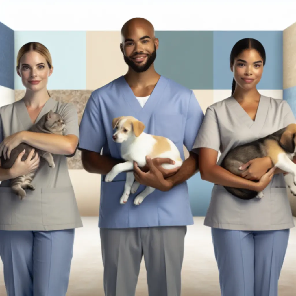 Grupa uśmiechniętych opiekunów zwierząt pozujących z psami i kotami
