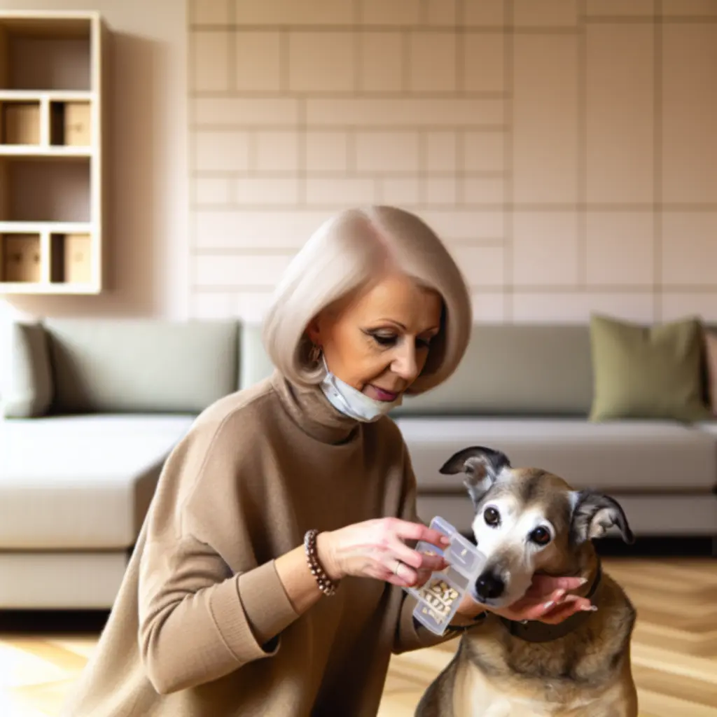 Starszy pies odpoczywa spokojnie obok opiekunki w domowym, przytulnym wnętrzu