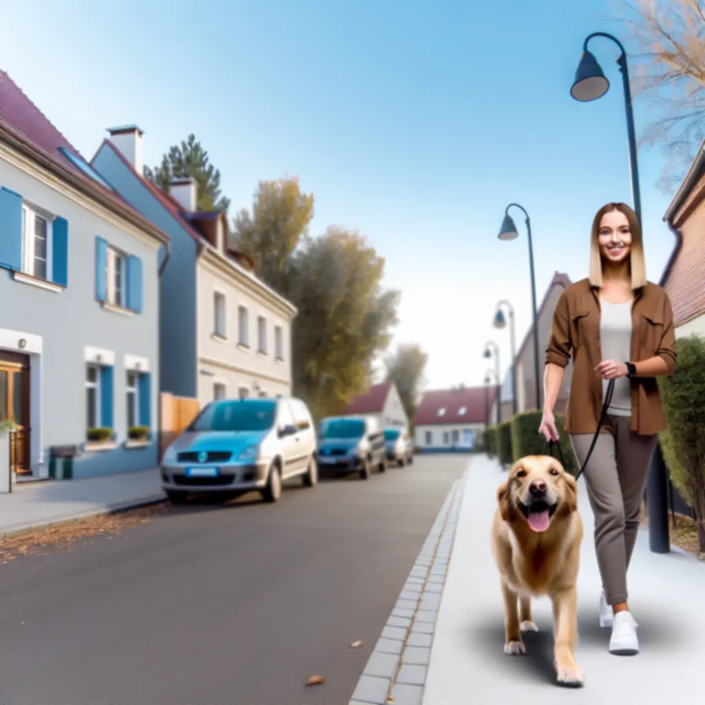 Opiekunka prowadząca przyjaznego psa na spacerze w zielonej okolicy
